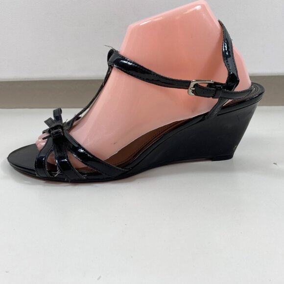 Predictions Womens Black Patent Leather T-Strap Wedge Heel Sandals Bow Size 9.5 - Picture 6 of 14